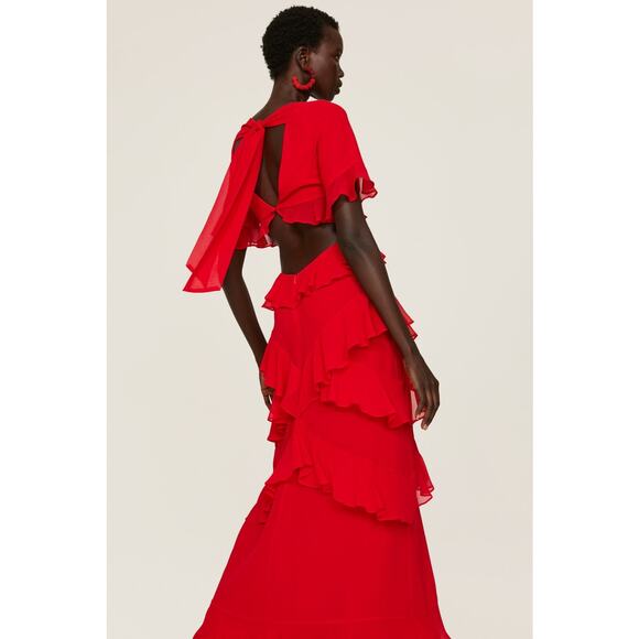 FAME & PARTNERS Red Chiffon Ruffle A-Line Mid-Cut Out Marse Gown Dress Size 2 - Picture 3 of 16